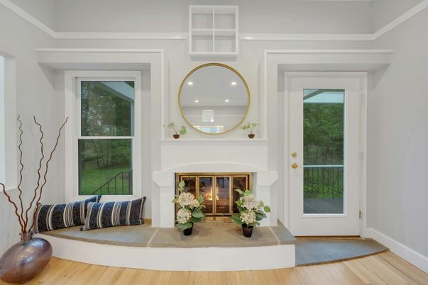 Fireplace, Interior, Recessed Lighting, Wood Texture Flooring