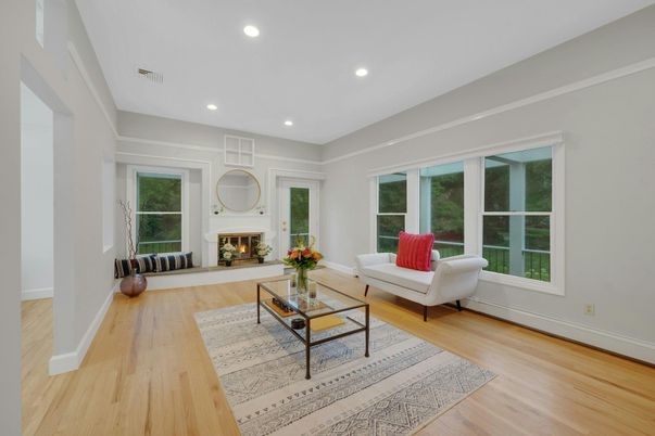 Fireplace, Interior, Living room, Recessed Lighting, Wood Texture Flooring