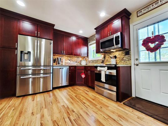 Interior, Kitchen, Recessed Lighting, Stainless Steel Appliances, Wood Texture Flooring