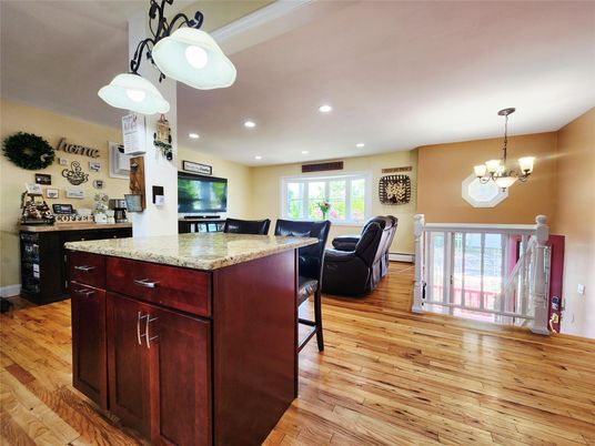 Chandelier, Interior, Kitchen, Living room, Recessed Lighting, Wood Texture Flooring