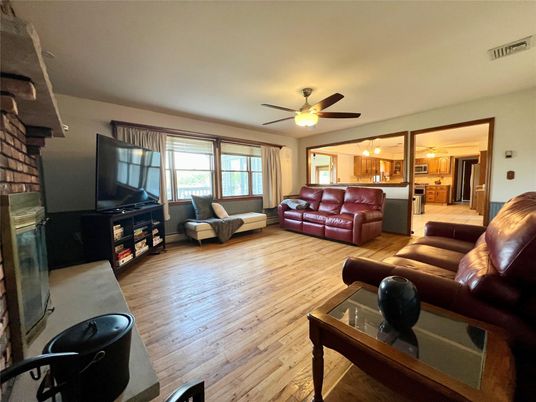 Fireplace, Interior, Kitchen, Living room, Wood Texture Flooring
