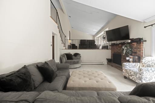 Fireplace, Interior, Living room, Recessed Lighting, Stone Walls
