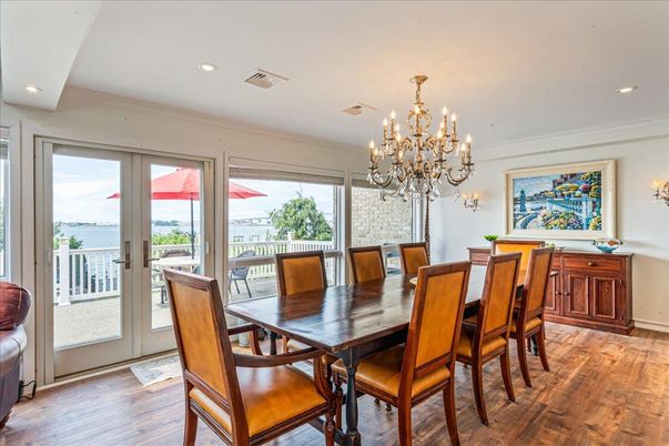 Chandelier, Dining room, Interior, Recessed Lighting, Water, Wood Texture Flooring