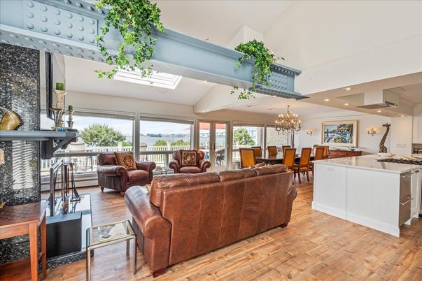 Chandelier, Dining room, Fireplace, Interior, Kitchen, Living room, Recessed Lighting, Wood Texture Flooring