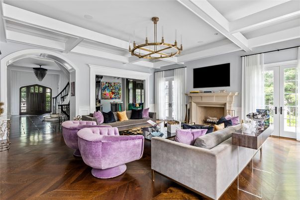 Chandelier, Fireplace, Interior, Living room, Pendant Lights, Recessed Lighting, Wood Texture Flooring