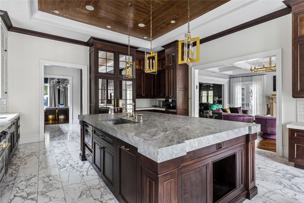 Interior, Kitchen, Living room, Marble, Pendant Lights, Recessed Lighting, Stainless Steel Appliances, Wooden Ceilings