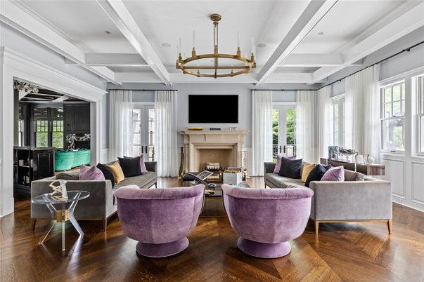Chandelier, Fireplace, Interior, Living room, Recessed Lighting, Wood Texture Flooring