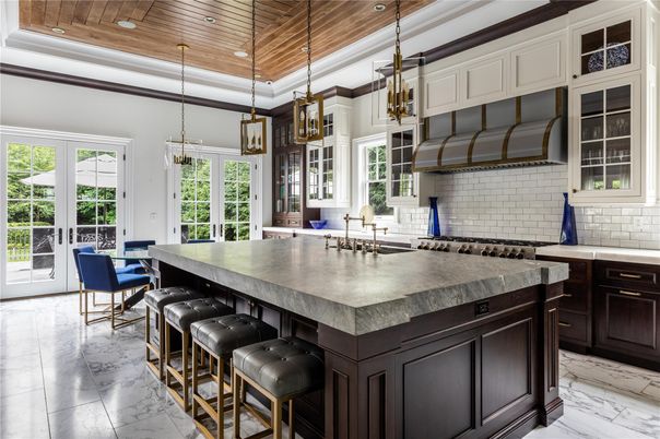 Interior, Kitchen, Marble, Pendant Lights, Recessed Lighting, Wooden Ceilings