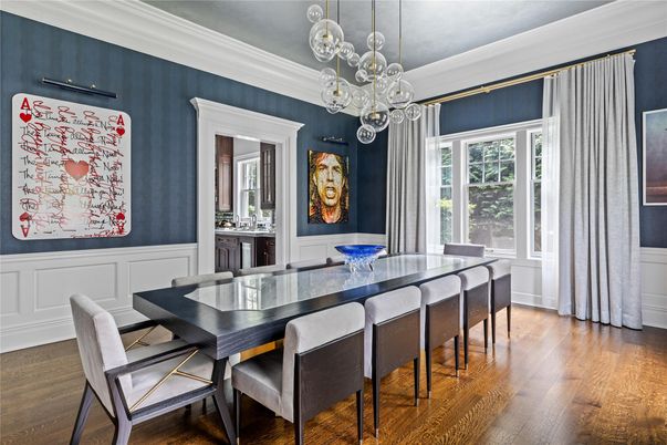 Dining room, Interior, Pendant Lights, Wood Texture Flooring