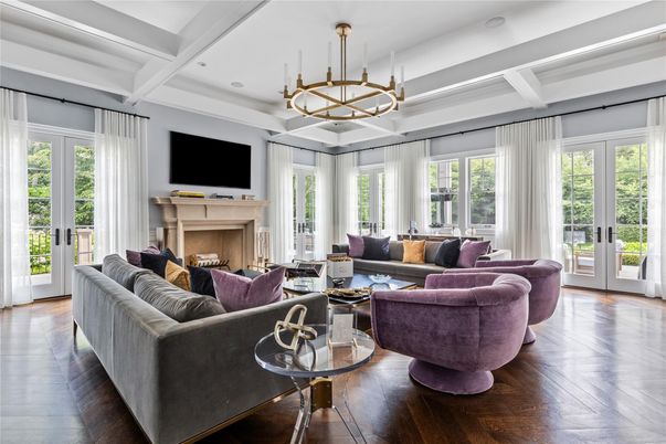 Chandelier, Fireplace, Interior, Living room, Recessed Lighting, Wood Texture Flooring