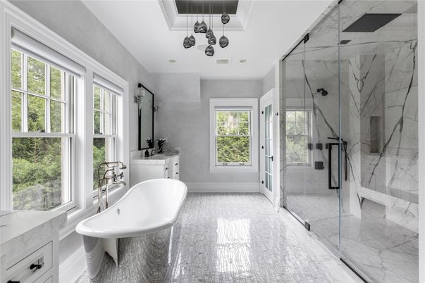 Bathroom, Glass Shower, Interior, Marble Walls, Pendant Lights