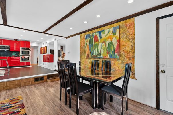 Dining room, Interior, Kitchen, Recessed Lighting, Stainless Steel Appliances, Wooden Beams, Wood Texture Flooring