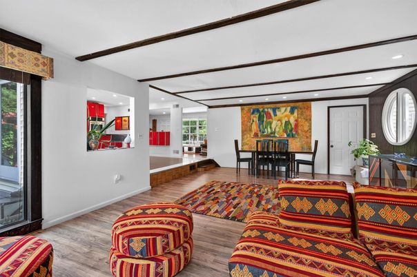 Dining room, Interior, Recessed Lighting, Wooden Beams, Wood Texture Flooring