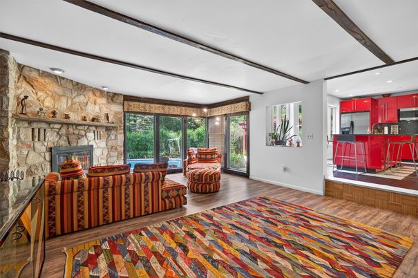 Fireplace, Interior, Kitchen, Recessed Lighting, Stone Walls, Wooden Beams, Wood Texture Flooring