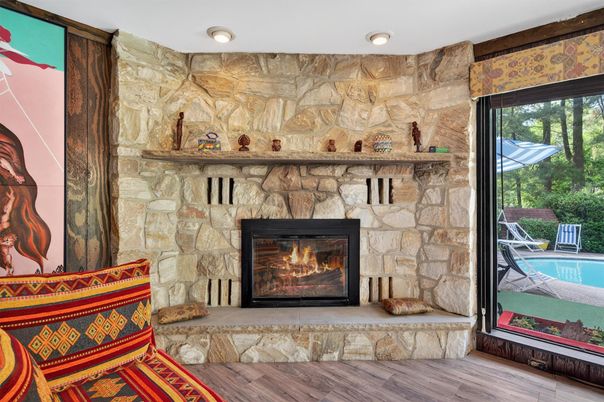 Fireplace, Interior, Recessed Lighting, Stone Walls, Wood Texture Flooring