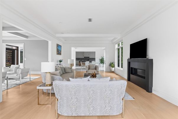 Dining room, Fireplace, Interior, Living room, Recessed Lighting, Wood Texture Flooring