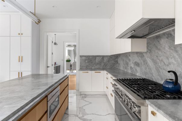 Interior, Kitchen, Marble, Marble Walls, Recessed Lighting, Stainless Steel Appliances