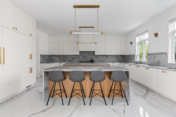 Interior, Kitchen, Marble, Marble Walls, Pendant Lights, Recessed Lighting