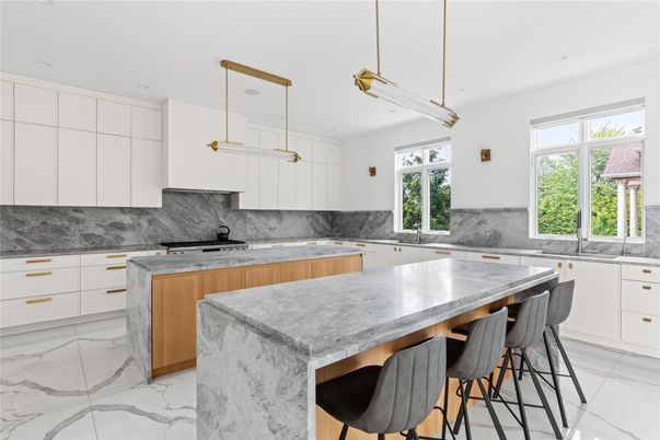 Interior, Kitchen, Marble, Marble Walls, Pendant Lights, Recessed Lighting