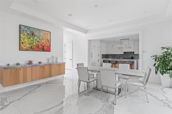 Dining room, Interior, Kitchen, Marble, Pendant Lights, Recessed Lighting