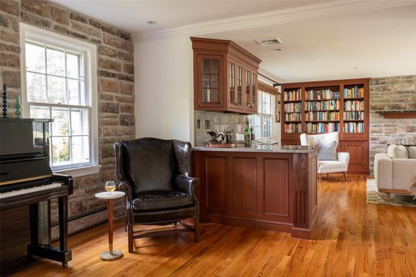 Interior, Piano, Recessed Lighting, Stone Walls, Wood Texture Flooring
