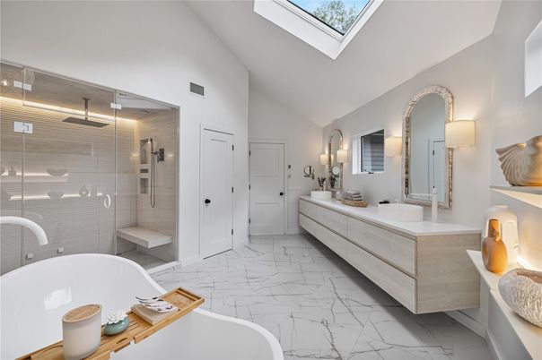 Bathroom, Dual Sink Vanities, Free Standing Baths, Glass Shower, Interior, Marble