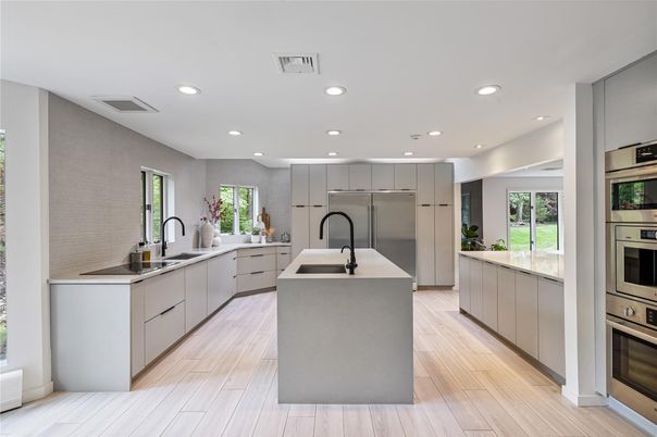 Interior, Kitchen, Recessed Lighting, Stainless Steel Appliances, Wood Texture Flooring