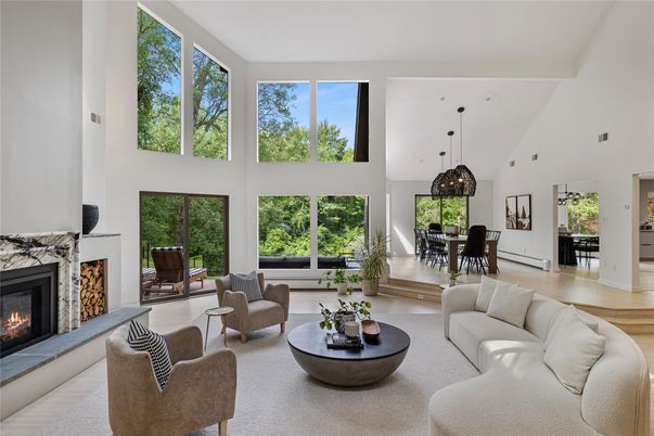 Dining room, Fireplace, Interior, Living room, Pendant Lights, Wood Texture Flooring