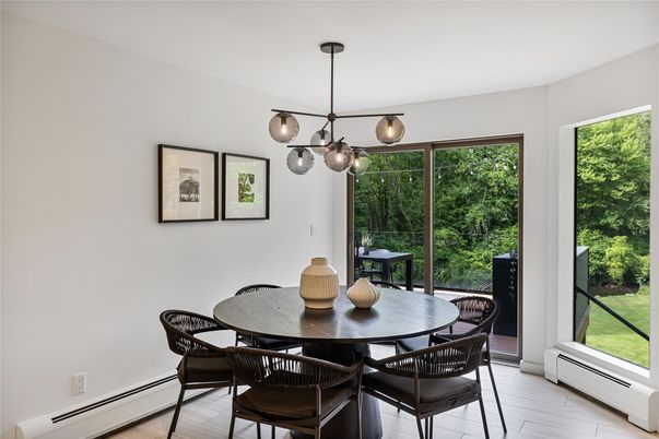 Dining room, Interior, Pendant Lights, Wood Texture Flooring