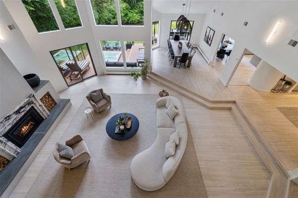 Fireplace, Interior, Living room, Pendant Lights, Wood Texture Flooring