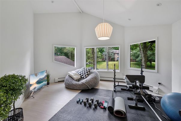 Fitness Equipment, Interior, Pendant Lights, Wood Texture Flooring