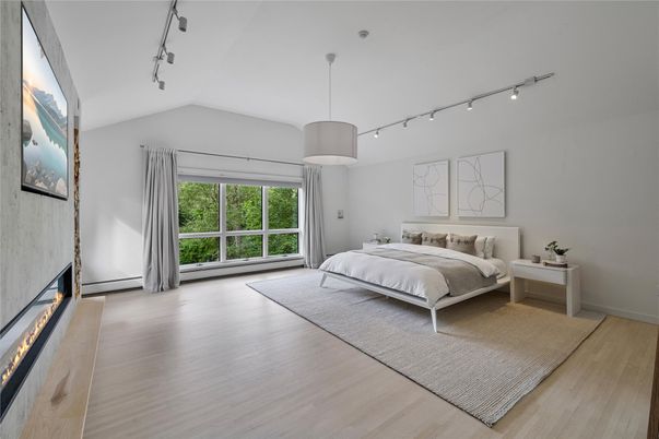 Bedroom, Fireplace, Interior, Pendant Lights, Wood Texture Flooring