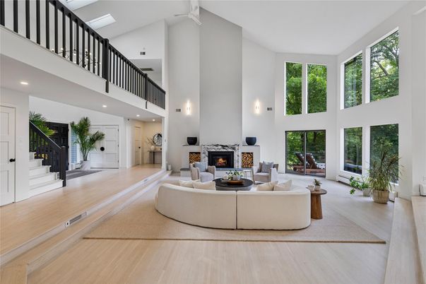 Fireplace, Interior, Living room, Recessed Lighting, Wood Texture Flooring