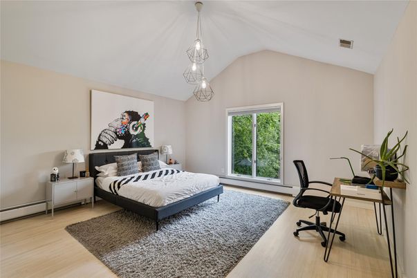 Bedroom, Home Office, Interior, Pendant Lights, Wood Texture Flooring
