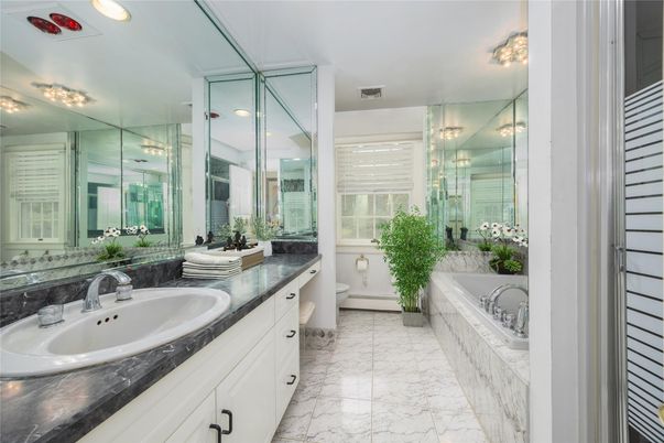 Bathroom, Dual Sink Vanities, Glass Shower, Interior, Marble, Recessed Lighting