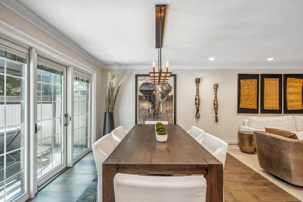 Dining room, Interior, Pendant Lights, Recessed Lighting, Wood Texture Flooring