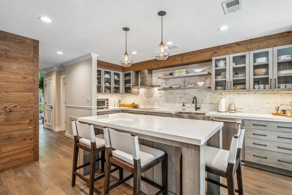 Interior, Kitchen, Pendant Lights, Recessed Lighting, Stainless Steel Appliances, Wood Texture Flooring, Wooden Walls
