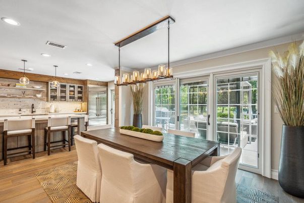 Dining room, Interior, Kitchen, Pendant Lights, Recessed Lighting, Wood Texture Flooring