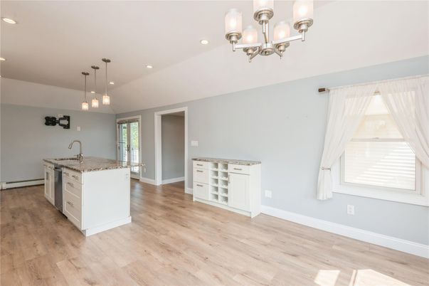 Chandelier, Empty room, Interior, Kitchen, Pendant Lights, Recessed Lighting, Wood Texture Flooring