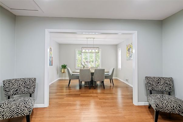 Dining room, Interior, Pendant Lights, Wood Texture Flooring