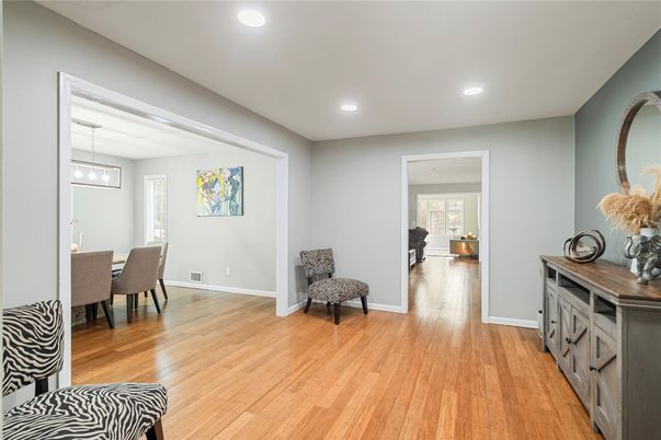 Dining room, Interior, Pendant Lights, Recessed Lighting, Wood Texture Flooring