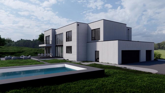 Attached, Backyard, Exterior, Facade, Pool, Modern