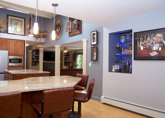 Dining room, Interior, Kitchen, Pendant Lights, Wood Texture Flooring