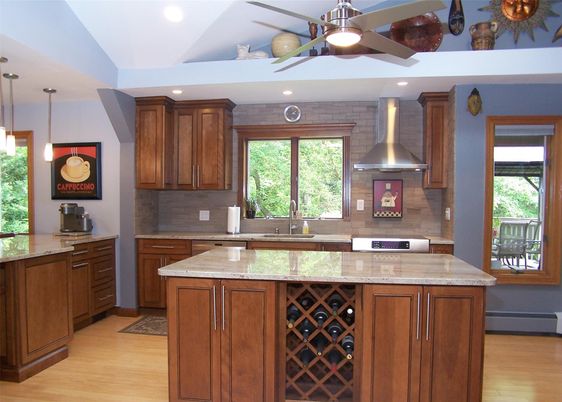 Interior, Kitchen, Pendant Lights, Recessed Lighting, Stone Walls, Wood Texture Flooring