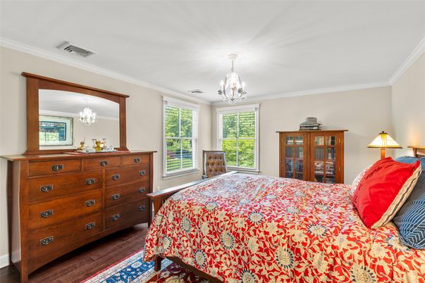 Bedroom, Chandelier, Interior, Wood Texture Flooring