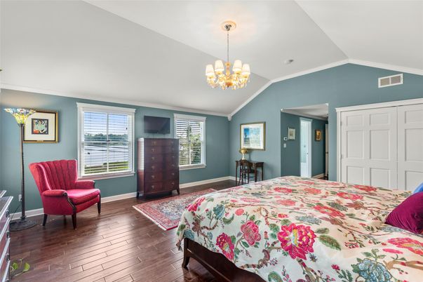 Bedroom, Chandelier, Interior, Wood Texture Flooring