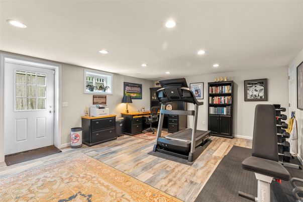 Fitness Equipment, Home Office, Interior, Recessed Lighting, Wood Texture Flooring