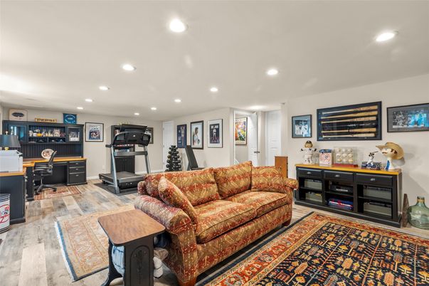 Fitness Equipment, Home Office, Interior, Living room, Recessed Lighting, Wood Texture Flooring