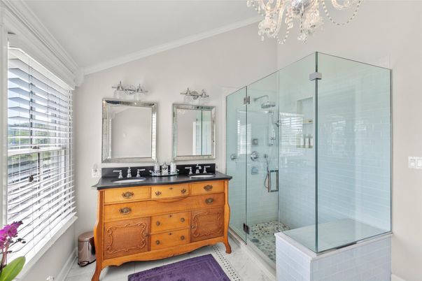 Bathroom, Dual Sink Vanities, Glass Shower, Interior, Marble