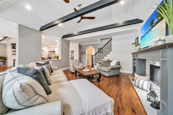 Fireplace, Interior, Living room, Recessed Lighting, Wood Texture Flooring
